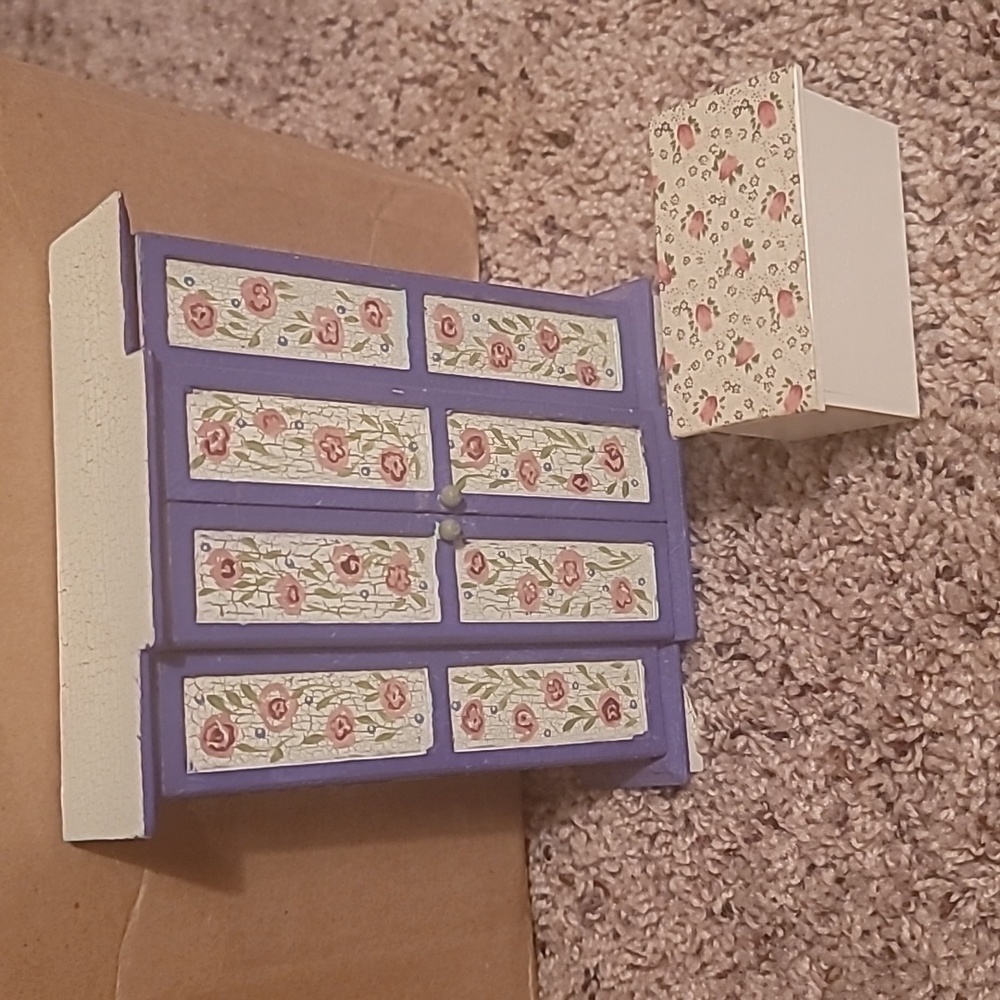 Wooden doll house wardrobe chest and nightstand
